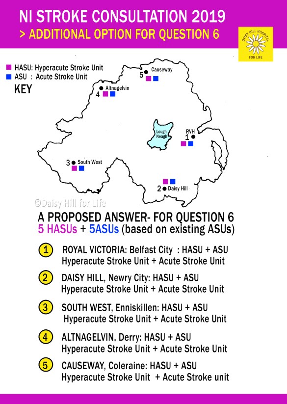 Q6 SUGGESTED ANSWER : 5 Hyperacute Stroke Units (HASUs) and 5 Acute Stroke Units (ASUs) at 5 acute hospitals in NI at: (1)Royal Victoria, Belfast; (2) Daisy Hill Hospital, Newry, (3)South West, Enniskillen (4)Altnagelvin, Derry and (5)Causeway Hospital, Coleraine. This option is based on existing acute stroke units that already give specialist CT scanning and Thrombolysis.This option offers timely equality of access to these necessary specialist stroke services more evenly distributed across NI to include the rural population - ignored in the consultation. NI Stroke Consultation 2019: Presenting an additional Option to include all the excluded populations of Northern Ireland.